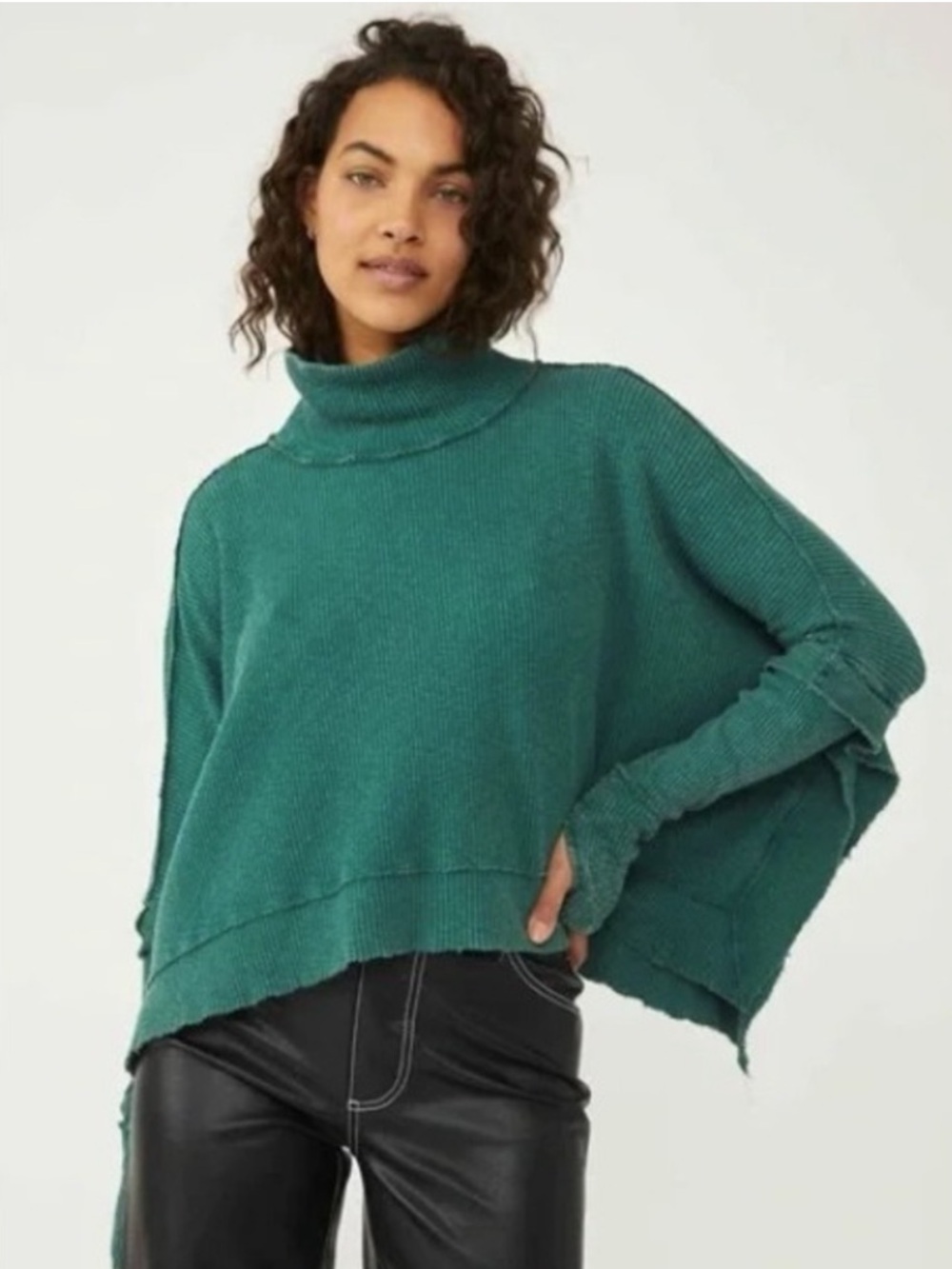 Free People Moon Daisy Thermal Pullover size Small Green Mock Neck Oversized